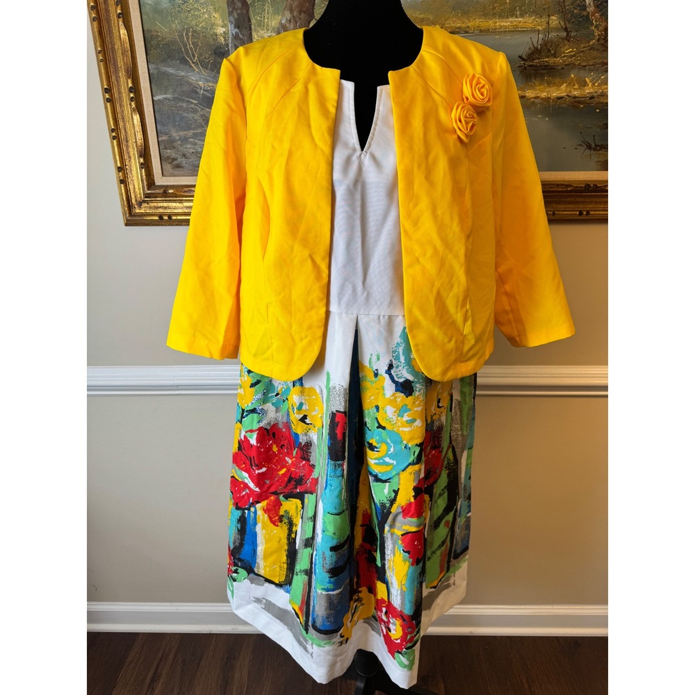 Vintage Roamans Yellow Jacket Dress Set 18W Floral Abstract 2 Piece Midi Outfit